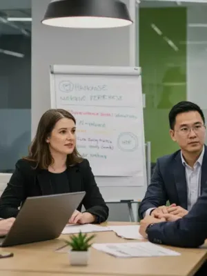 Diverse employees discussing mental health support in a modern office
