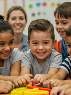 Diverse elementary students engaged in a collaborative empathy-focused learning activity.