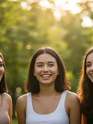 Diverse young adults smiling, laughing, and engaging in a park, symbolizing reduced social isolation and improved well-being.