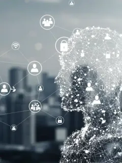 Stylized graphic showcasing digital connections forming a human shape, representing the influence of digital platforms on human interactions.