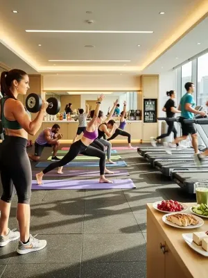 Personas diversas en un gimnasio moderno, mostrando actividades físicas y elementos de nutrición saludable, representando los beneficios de bienestar físico.