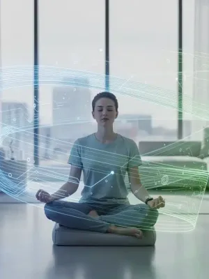 Persona meditando en un entorno moderno que simboliza los beneficios de salud mental de las nuevas pólizas de 2026.