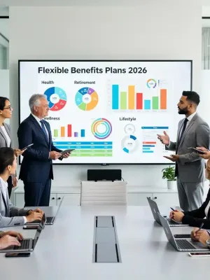 Profesionales discutiendo Planes de Beneficios Flexibles 2026 en una oficina moderna