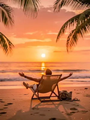 Persona relajándose en la playa al atardecer, símbolo de optimización del tiempo libre y vacaciones.