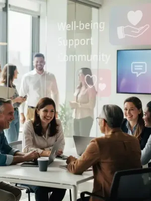 Empleados diversos sonriendo en una oficina moderna, simbolizando el apoyo de programas de asistencia para empleados.