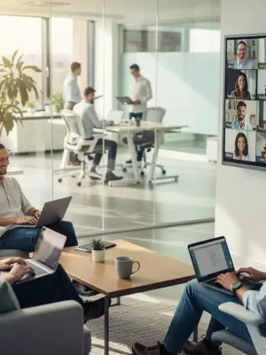 Profesionales diversos teletrabajando en 2026, mostrando flexibilidad y bienestar laboral.