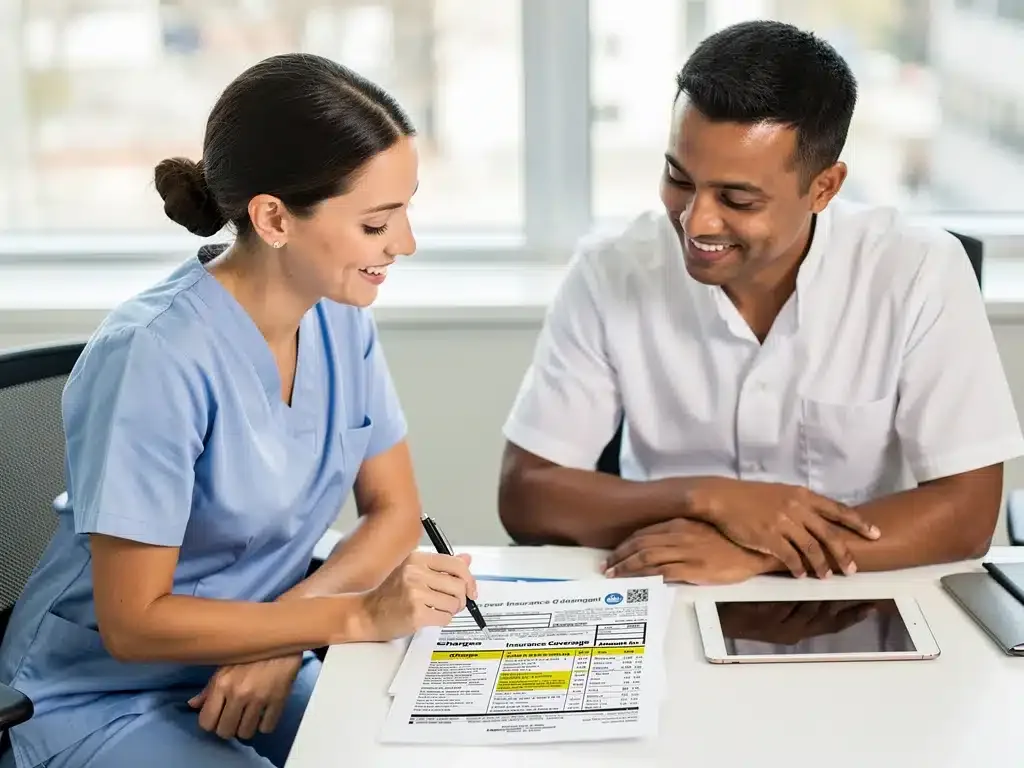 Profesional explicando una factura médica y los beneficios de un seguro de salud.