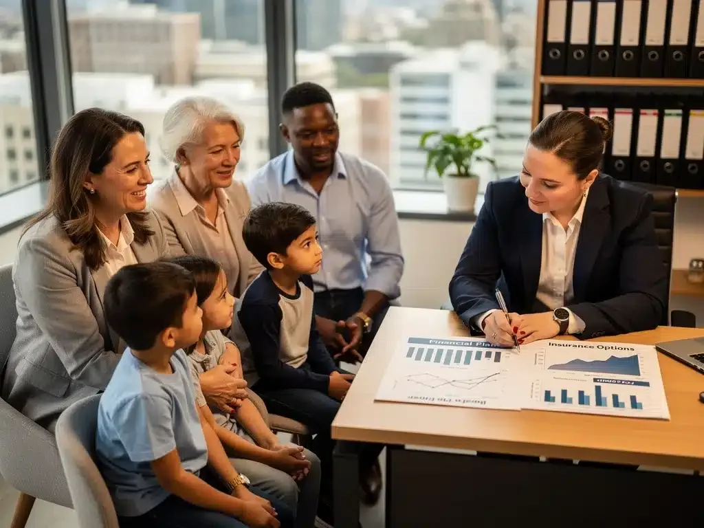 Familia consultando con un asesor financiero sobre los nuevos beneficios de seguro de vida.