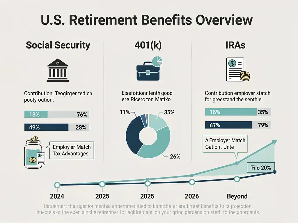 Infografía explicando componentes y estrategias para maximizar beneficios de jubilación en Estados Unidos