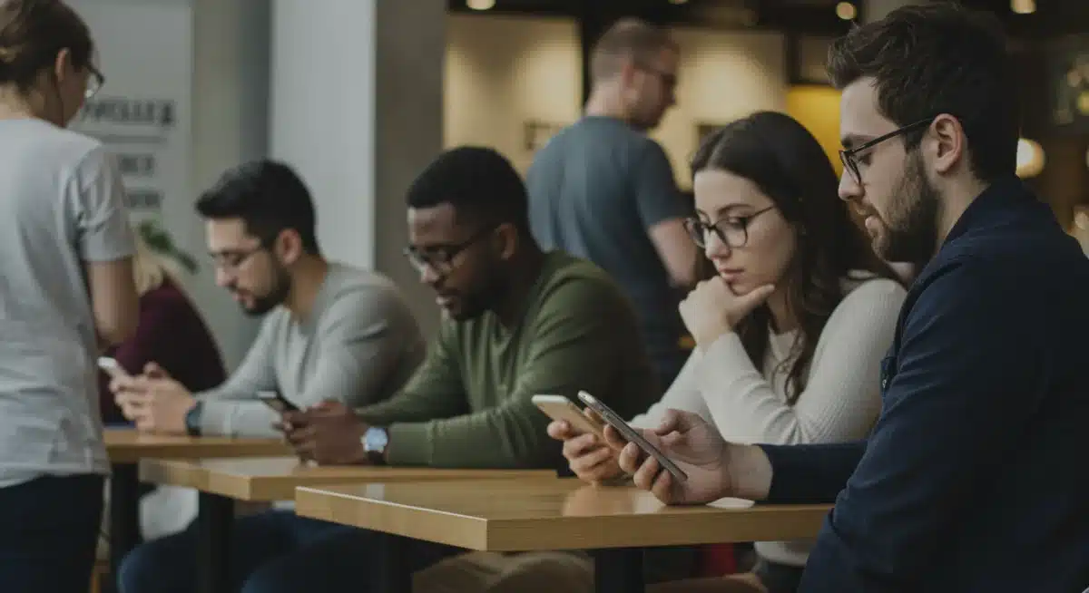 People engaging with smartphones while also conversing, illustrating the blend of digital and physical human connections.