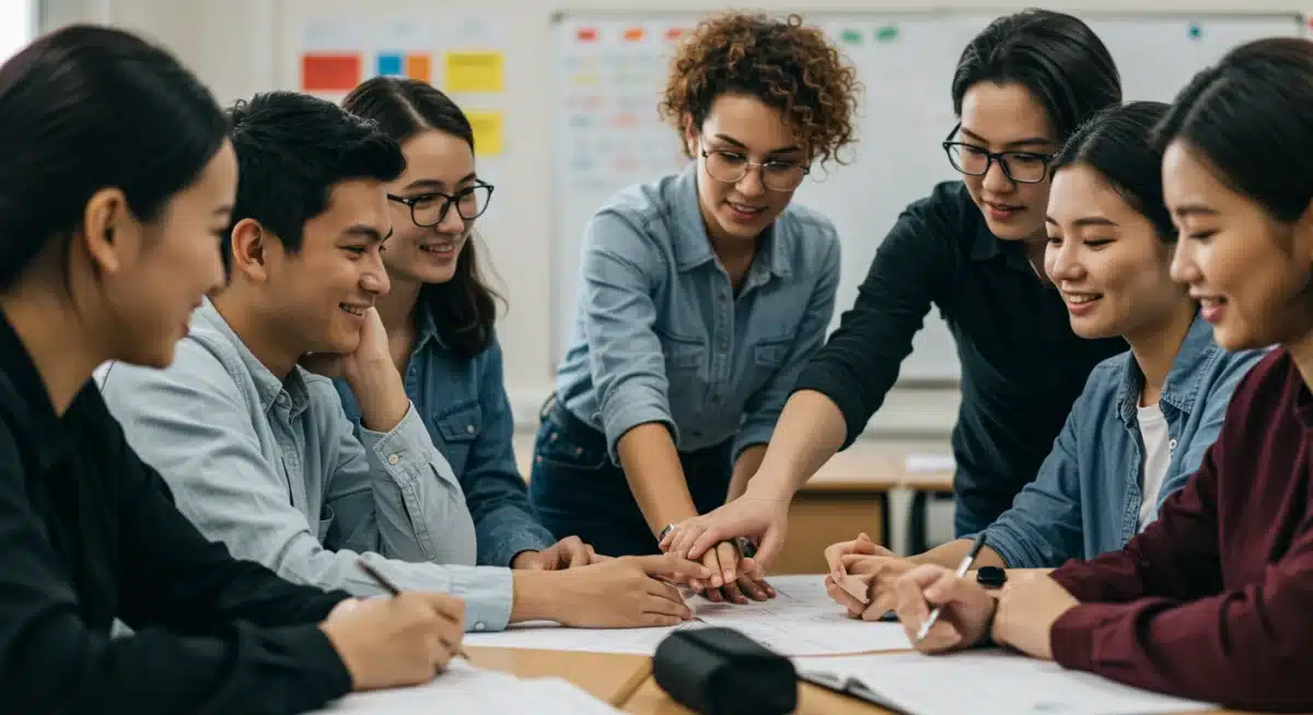 Students and teachers collaborating in a modern classroom, emphasizing relationship building skills.