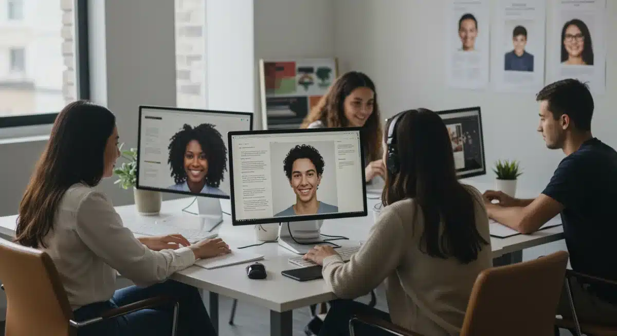 Diverse individuals engaged in an online personal development learning session.