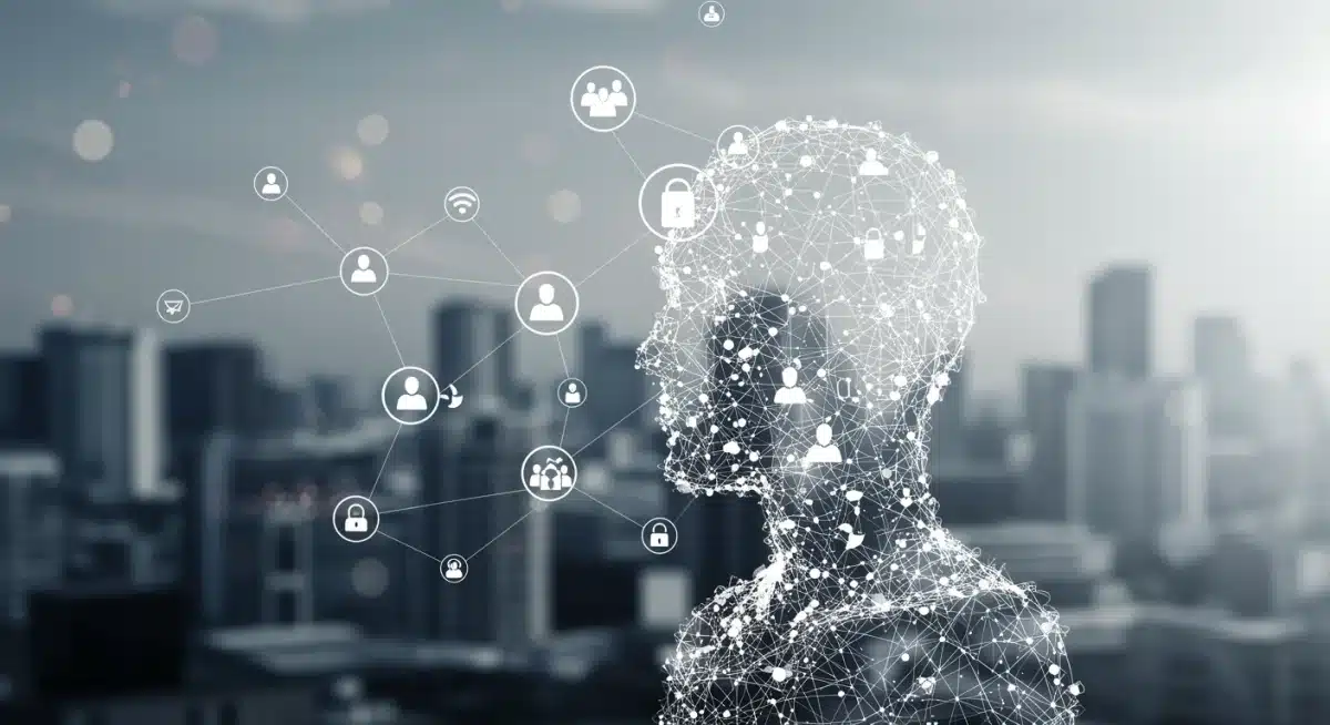 Stylized graphic showcasing digital connections forming a human shape, representing the influence of digital platforms on human interactions.