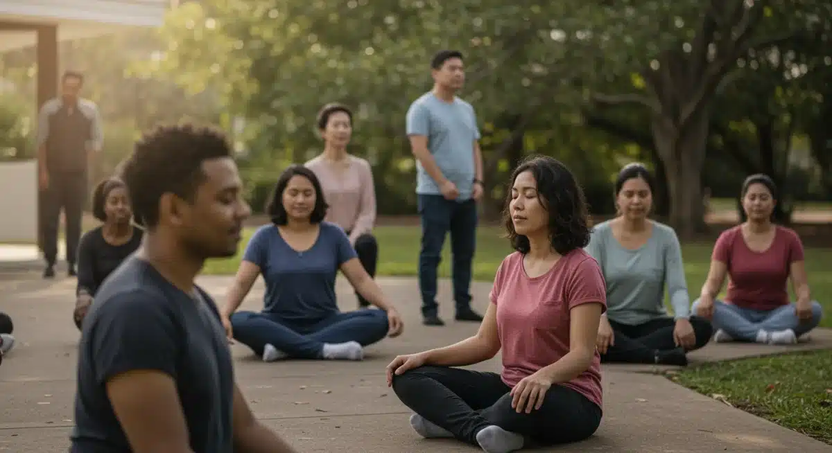 Diverse group engaging in emotional well-being activities