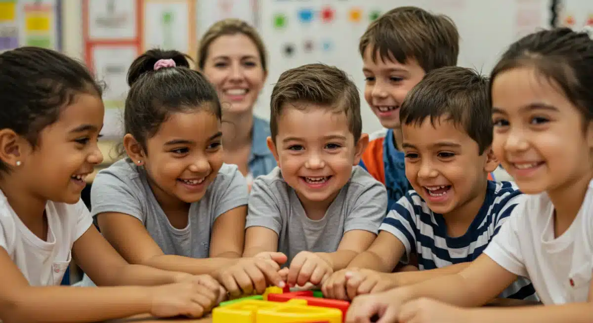 Empathy-Focused Education: US Schools See 15% Increase by 2026 Diverse elementary students engaged in a collaborative empathy-focused learning activity.