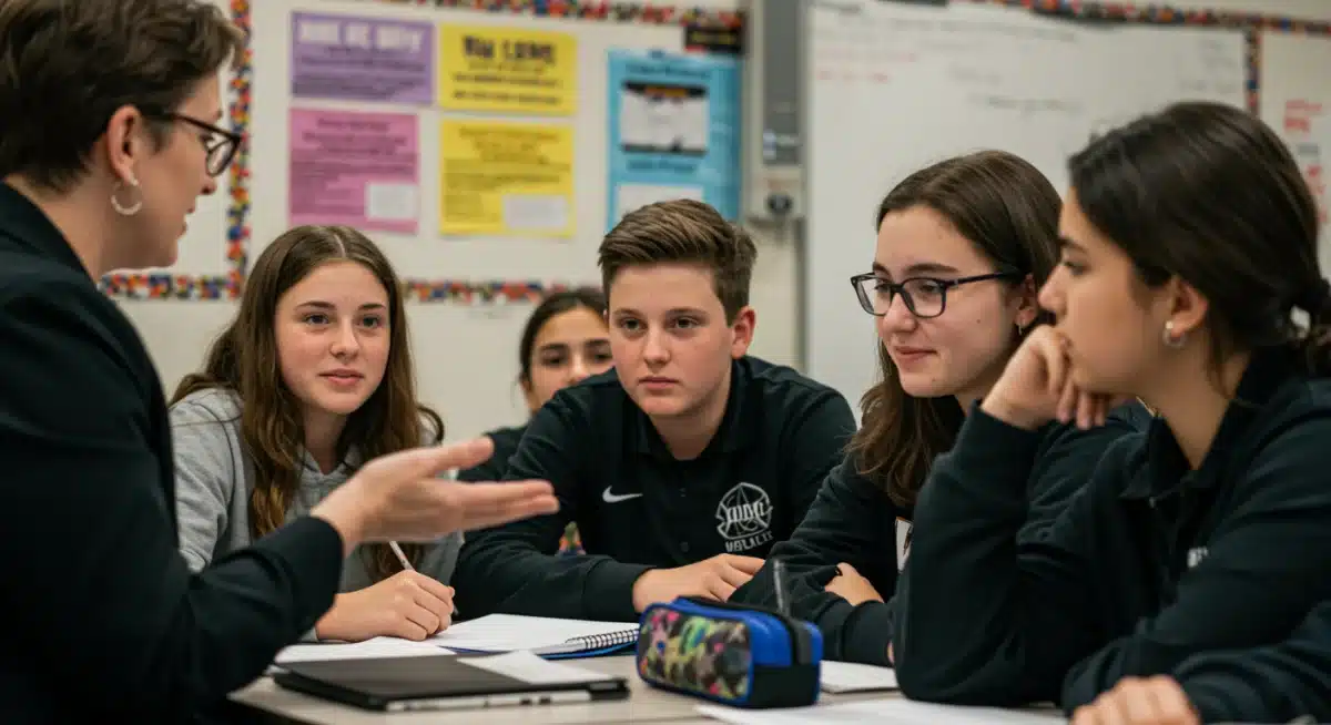 Teacher leading empathy discussion with middle school students.