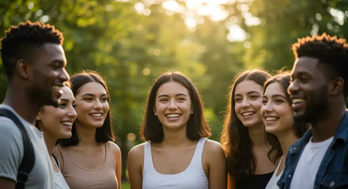 Diverse young adults smiling, laughing, and engaging in a park, symbolizing reduced social isolation and improved well-being.