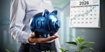 Persona sosteniendo una alcancía con símbolo 401(k) y calendario 2026, representando ahorro y planificación financiera.