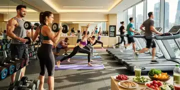 Personas diversas en un gimnasio moderno, mostrando actividades físicas y elementos de nutrición saludable, representando los beneficios de bienestar físico.
