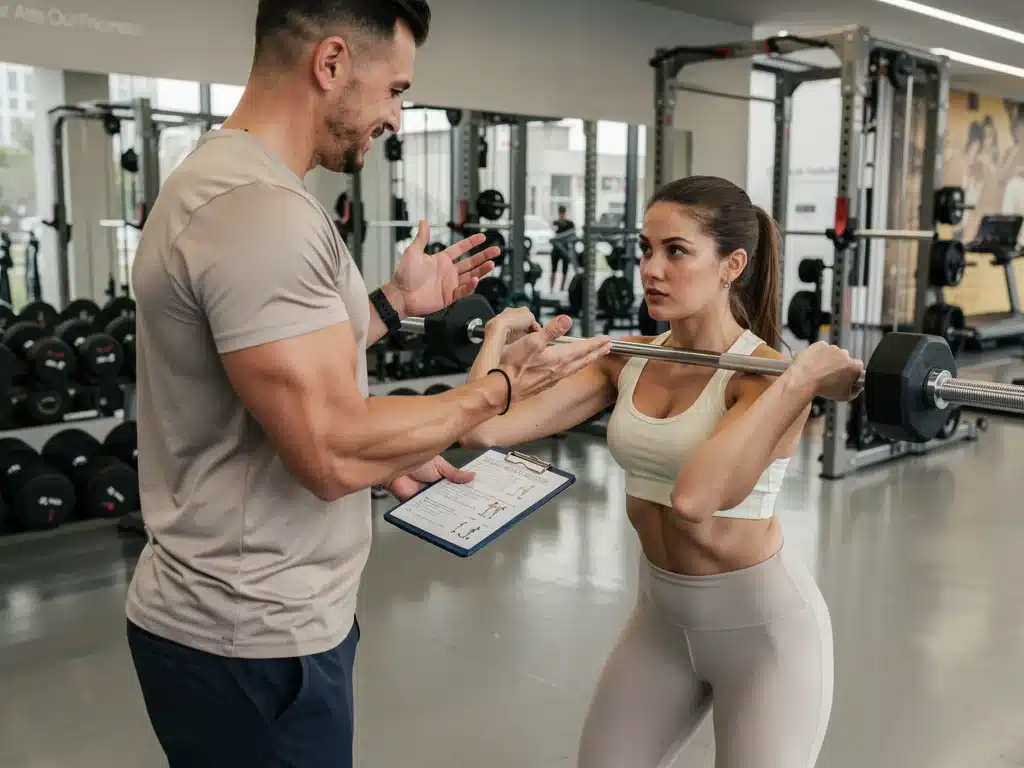 Entrenador personal guiando a un cliente en un ejercicio de fuerza en un gimnasio, ilustrando la personalización de programas de entrenamiento.