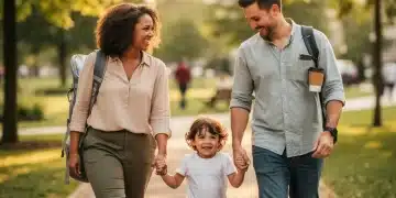 Familia diversa disfrutando de un parque, simbolizando los beneficios de paternidad y maternidad.