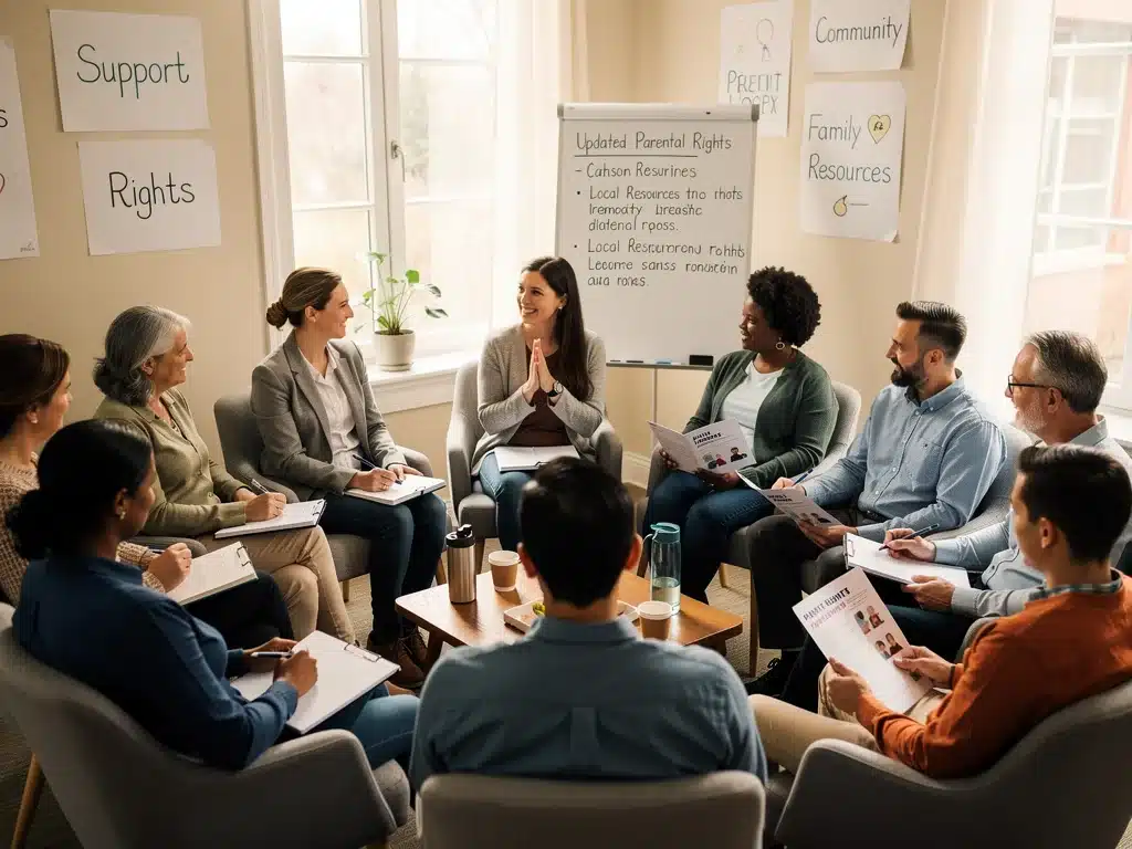 Grupo de padres y cuidadores en un taller sobre derechos parentales y recursos.