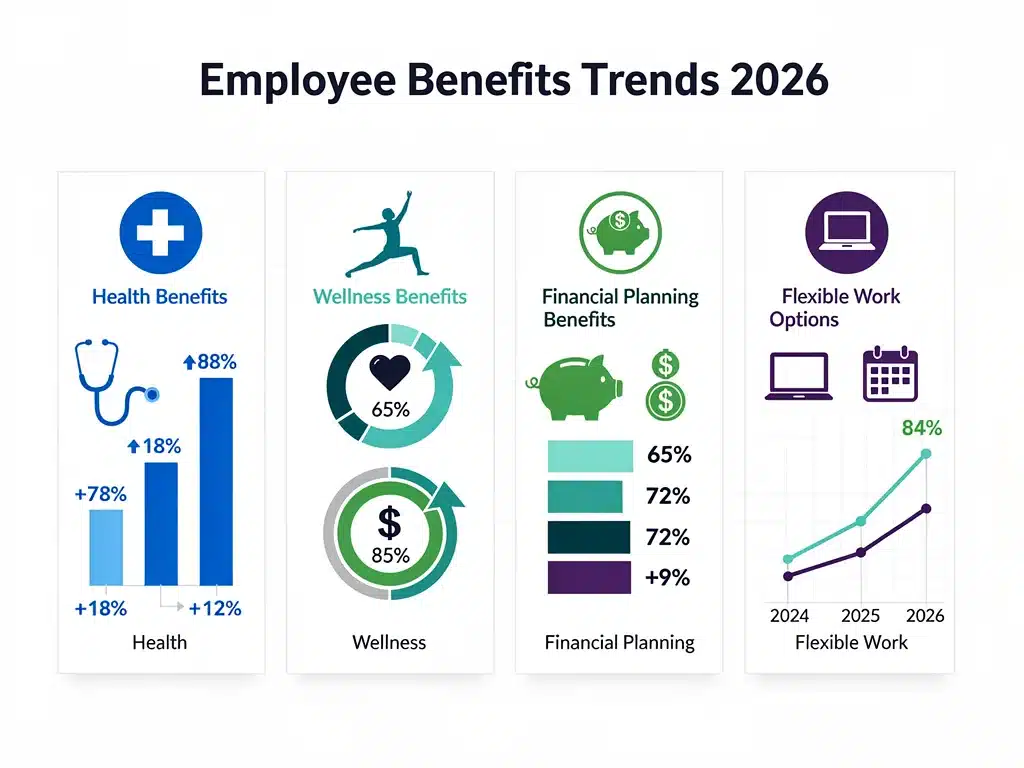 Infografía de beneficios laborales emergentes para 2026 con énfasis en salud y flexibilidad.