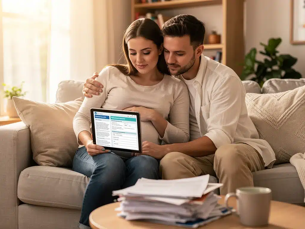 Pareja embarazada revisando documentos sobre beneficios parentales en una tablet.