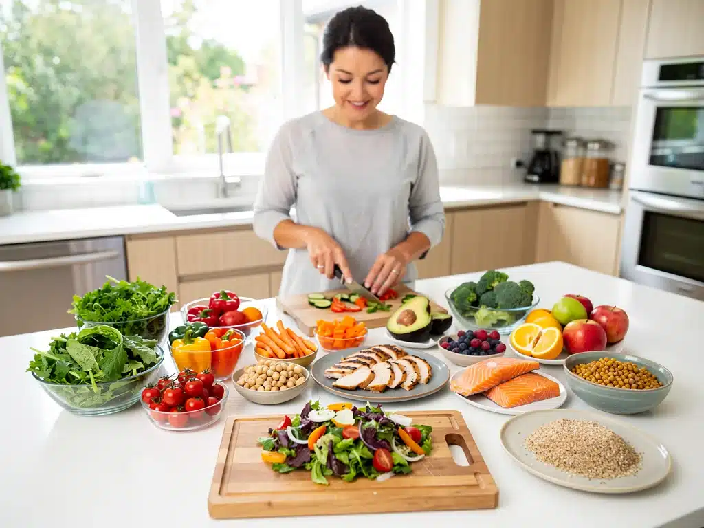 Persona preparando una comida saludable y colorida en una cocina moderna, destacando la importancia de la nutrición en el bienestar físico.