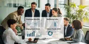 Profesionales diversos en una oficina moderna discutiendo las tendencias de beneficios para 2026.