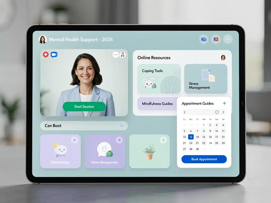 Interfaz digital mostrando opciones de teleterapia y recursos en línea, destacando la accesibilidad de las nuevas pólizas de salud mental 2026.