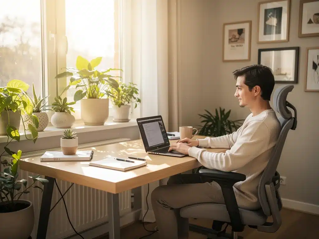 Persona trabajando remotamente en una oficina en casa, simbolizando la flexibilidad laboral.