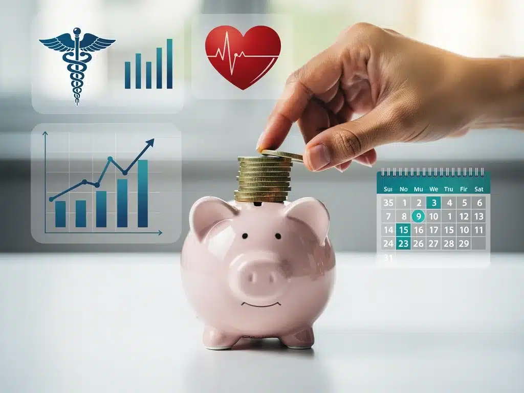 Mano depositando monedas en una alcancía, con símbolos médicos y gráficos de fondo, representando el ahorro para gastos de salud.