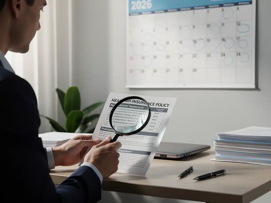 Persona examinando pólizas de seguro de salud y estados financieros con una lupa, con un calendario de 2026 de fondo, simbolizando el análisis detallado.