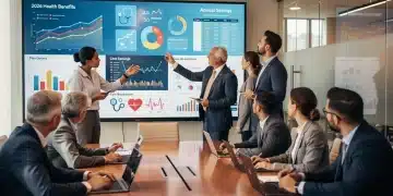 Grupo diverso analizando datos financieros y de salud en pantallas, representando el impacto de los beneficios de salud de 2026 en el ahorro anual en EE. UU.