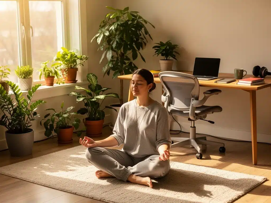 Persona meditando en su oficina en casa, reflejando bienestar mental en el teletrabajo.