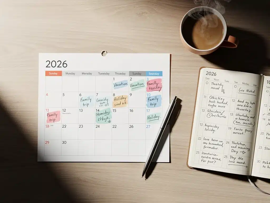 Calendario de 2026 con días festivos y personales marcados, planificación estratégica.