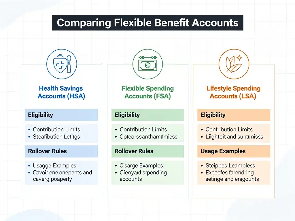 Gráfico comparativo de tipos de beneficios flexibles como HSA, FSA y LSA
