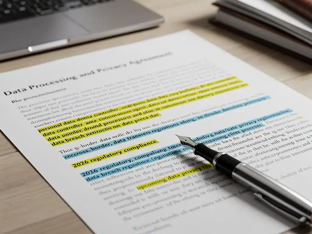 Documento legal sobre privacidad de datos, con secciones clave resaltadas para revisión.