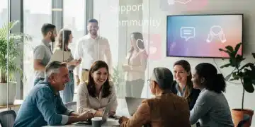 Empleados diversos sonriendo en una oficina moderna, simbolizando el apoyo de programas de asistencia para empleados.