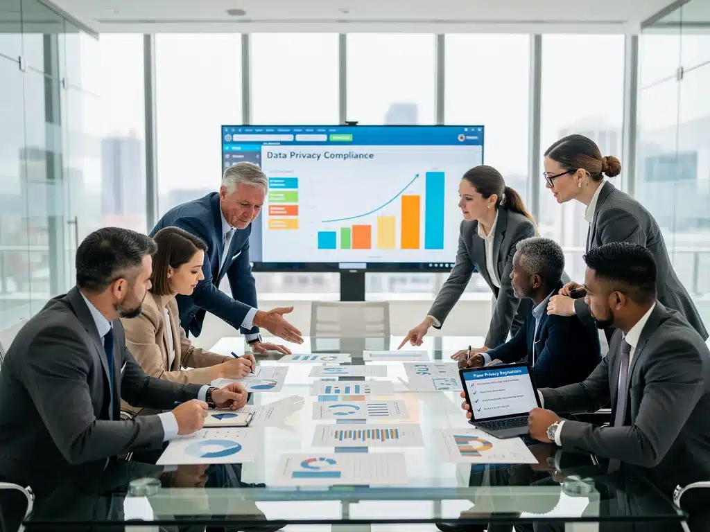 Profesionales de negocios analizando gráficos sobre cumplimiento normativo de privacidad de datos.