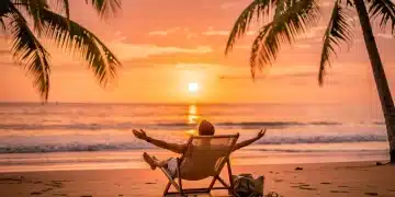 Persona relajándose en la playa al atardecer, símbolo de optimización del tiempo libre y vacaciones.
