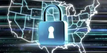 Cerradura digital sobre un mapa de Estados Unidos, simbolizando las nuevas regulaciones de privacidad de datos.