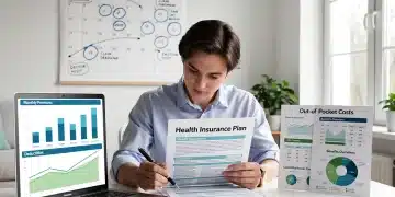 Persona revisando documentos de seguro de salud con un calendario de 2026, planificando la reclamación de beneficios.