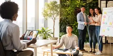 Empleados diversos y felices en un ambiente de trabajo colaborativo y de apoyo, simbolizando bienestar emocional.