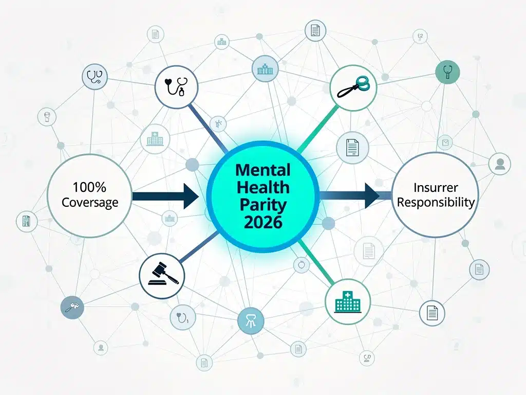 Diagrama visual sobre las normas de paridad en salud mental y su impacto en planes de salud.