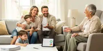 Familia multigeneracional sonriente planificando estrategias de beneficios fiscales para dependientes en 2026.