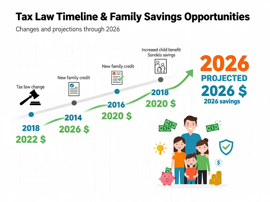 Gráfico de línea de tiempo con cambios en la ley fiscal y proyecciones de ahorro para familias con dependientes en 2026.