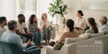Grupo diverso de personas recibiendo terapia de salud mental en un entorno de apoyo.