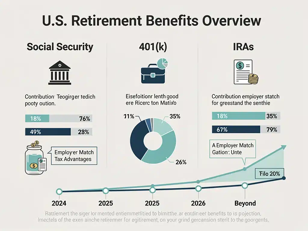 Infografía explicando componentes y estrategias para maximizar beneficios de jubilación en Estados Unidos